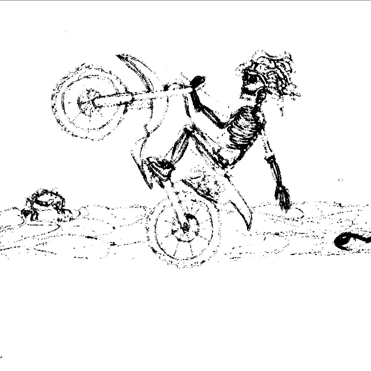 Black and white skeleton motorcycle drawing.