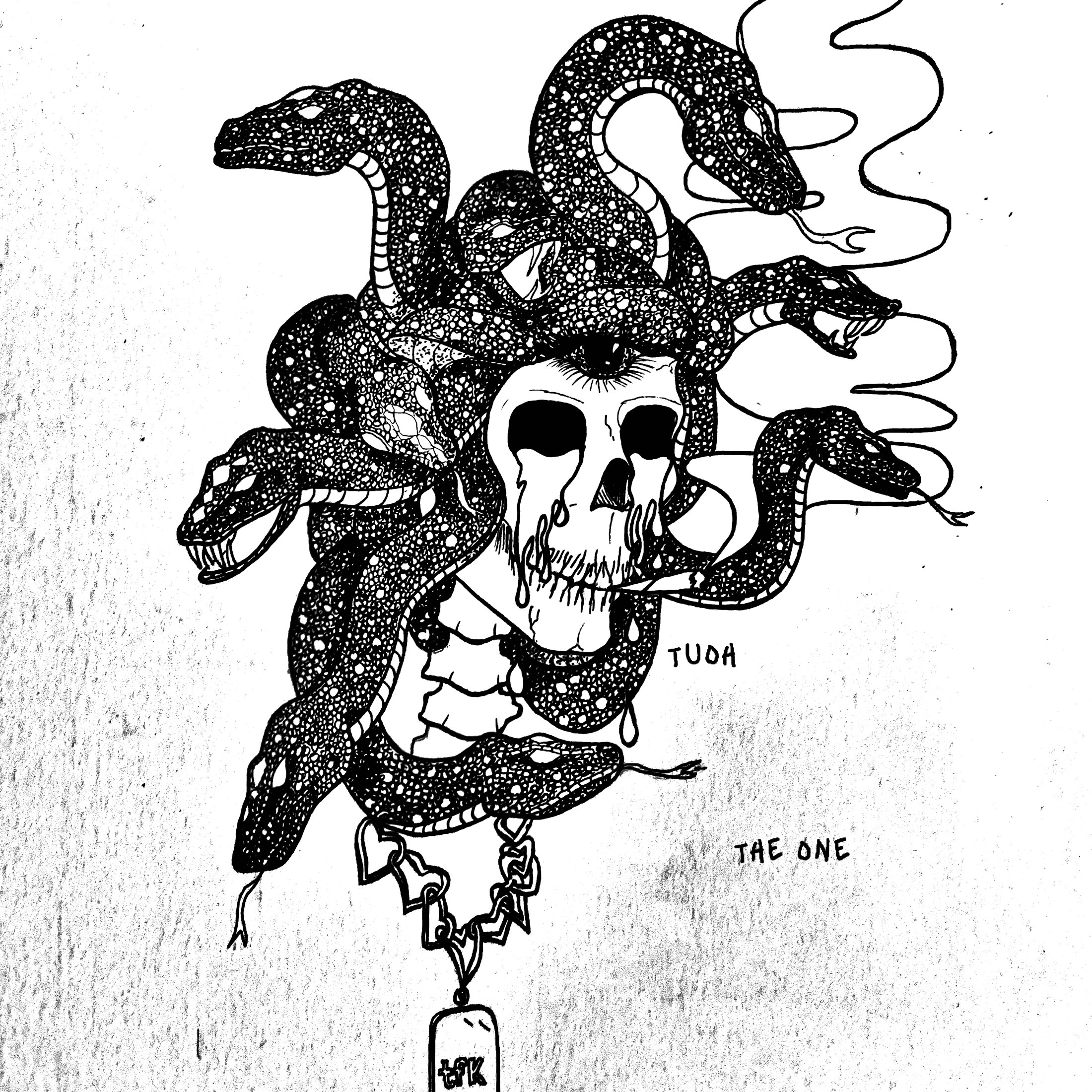 Black and white medusa skull artwork signed TUOH and titled The One.